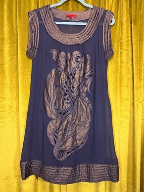 Vivienne Tam Rare Vintage Y2K Blue Silk mini dress w/ gold metallic details US 6